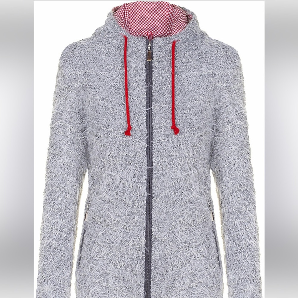 Stylish Women's Gray Teddy Jacket with Red Details